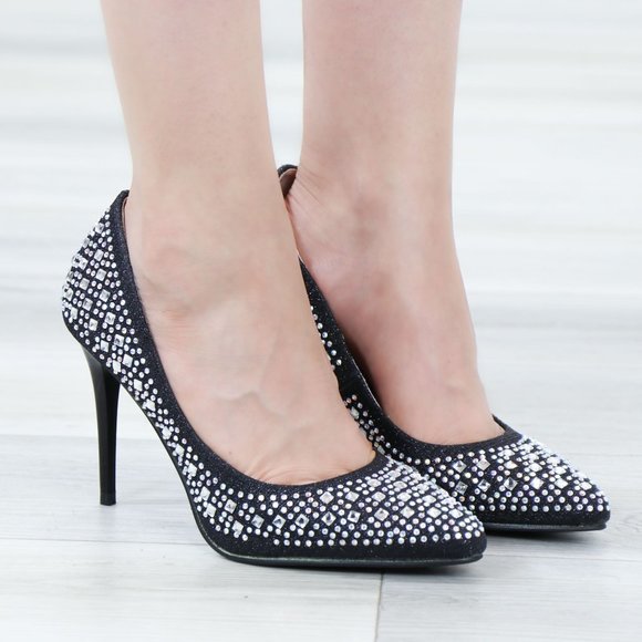 Shoes - Sparkly Diamond Rhinestone Glitter  Black Pointy Toe Needle High Heel Stiletto